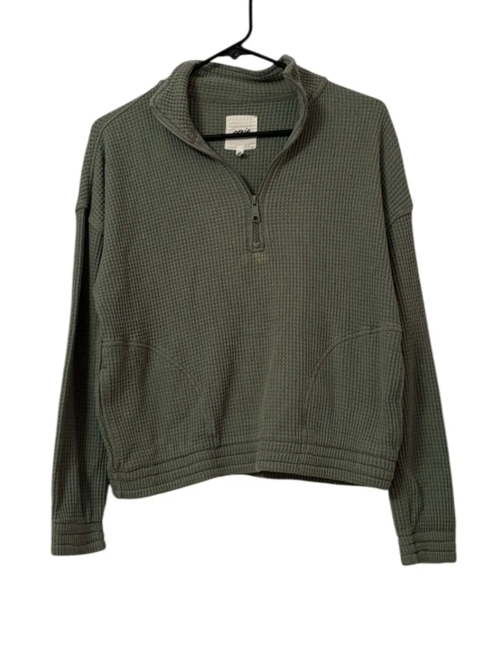 Aerie Waffle Knit Sage Green Quarter Zip Cropped Sweatshirt